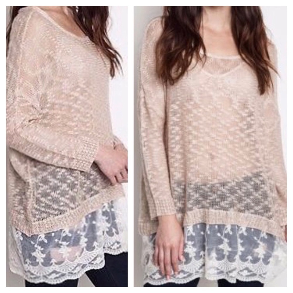 Umgee lace hem open knit tunic sweater
